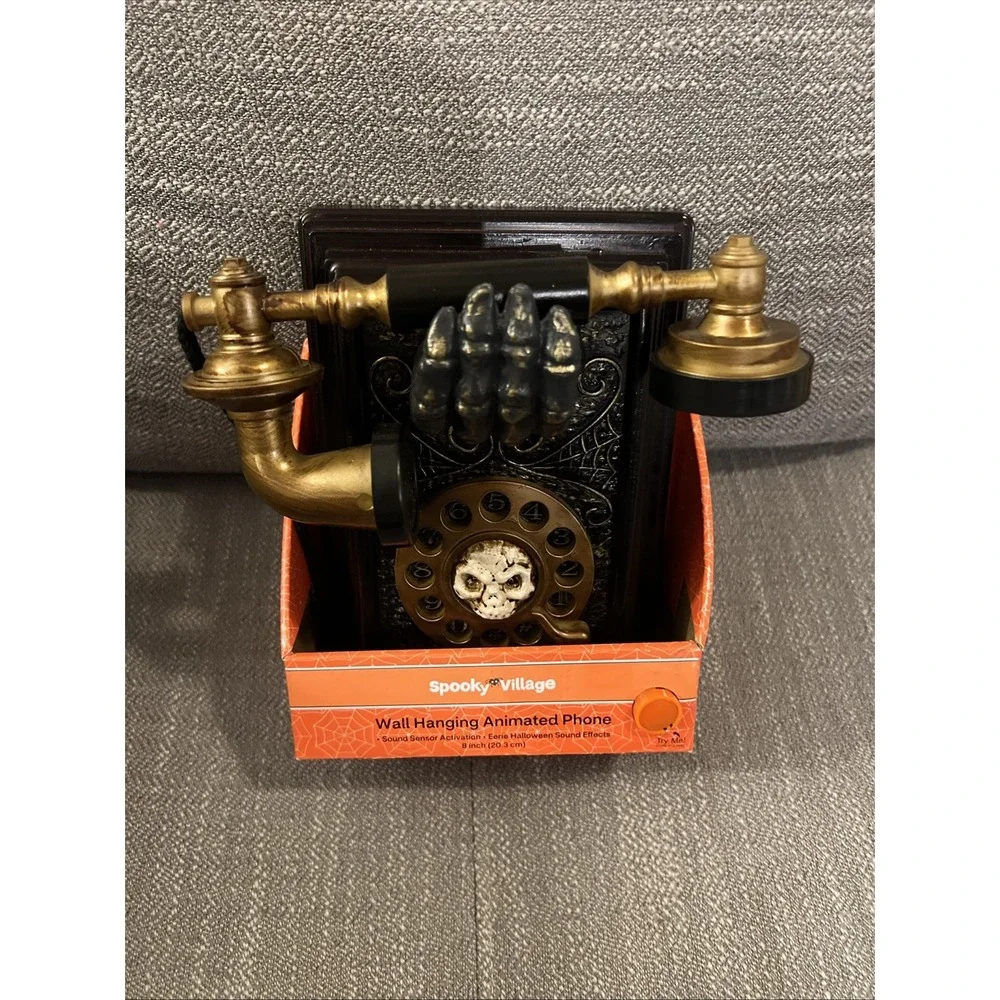 SPOOKY VILLAGE LED ANIMATED PHONE w/ SKULL - HALLOWEEN MOTION SOUND ACTIVATED